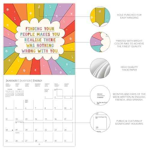 Graphique 2026 The Positive Calendar Wall Calendar | 12¡± x 12¡± | Thick Paper | Home & Office Organizer | Large Monthly Grid | 3 Languages & Marked Holidays | 4 Month Preview Page for 2027