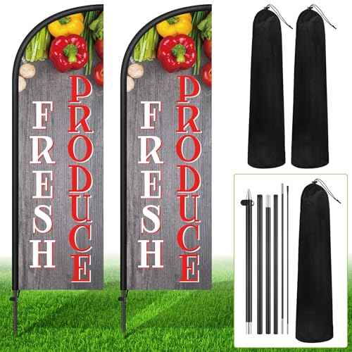 2 Sets 7 ft Fresh Produce Feather Flag with Flagpole and Ground Stake, Fresh Produce Advertising Feather Banner Flag Sign for Farm Fruit Shop Market Store Business Advertising Supplies