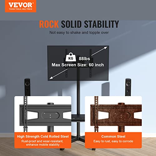 VEVOR Mobile TV Stand with Wheels 23-60" TV, Adjustable Height, 88 lb, Tray Option Included