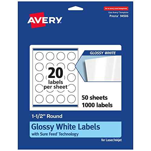 Avery Round Labels, Sure Feed Technology, 1.5" Diameter, 1,000 Glossy White Labels (36493)