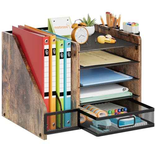 Marbrasse Desk Organizer with File Holder, 5-Tier Paper Letter Tray Organizer with Drawer and 2 Pen Holder, Mesh Desktop Organizer and Storage with Magazine Holder for Office Supplies (Wood-Brown)