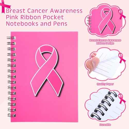 24 Sets Breast Cancer Awareness Pink Ribbon Pocket Notebooks and Pens Hope Strength Journal Notepads for Breast Cancer Awareness Party Favors Items Charity Public Events