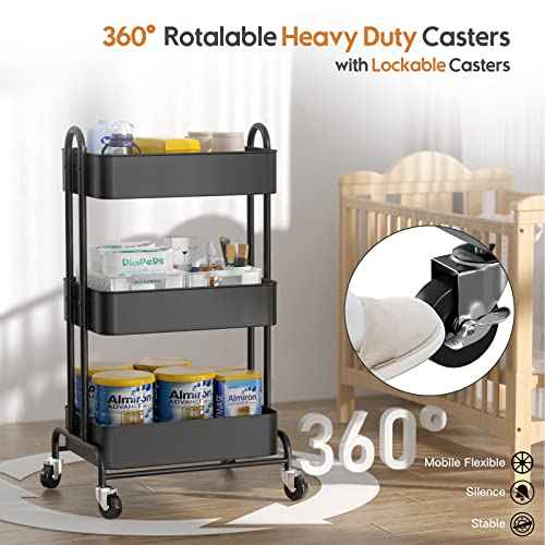 Ceayell 3-Tier Metal Rolling Storage Cart Heavy Duty Utility Cart Organizer with Lockable Wheels