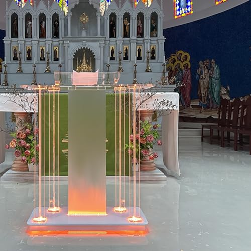 46in LED Acrylic Church Pulpit with Wheels – Clear Lectern Podium with 15 Color Lights (Variation: 46IN Podium)