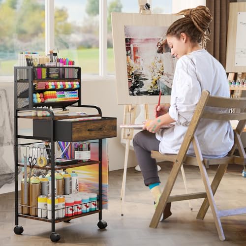 Art cart, 3 Tier Rolling Cart - Utility Cart with Storage Drawer and Wheels, Versatile Art & Craft Organizer for Home, Office, or Studio Ideal for Storing Brushes, Paints £¨Brown£©