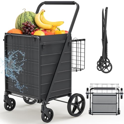 Shopping Carts for Groceries, Encrypted Bottom Grocery Cart with Waterproof Liner, Lightweight Folding Utility Cart with Rolling Swivel Wheels & Double Basket, Ideal Gift for Elderly, Women, Parents