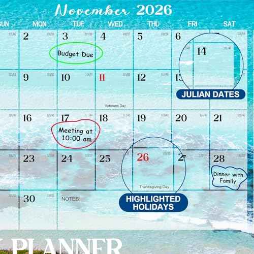 32" x 48" 2026 Wall Calendar Dry Erase - Large Beach Wall Calendar Wet & Dry Erasable Laminated 12 Month Annual Yearly Planner, Reversible, Horizontal/Vertical, Blue