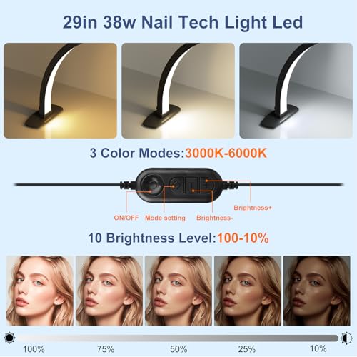 iVict Half Moon Light for Nail Desk, 29In 40W Nails Tech Light with Phone Stand, 10 Adjustable Brightness, 3 Color Temperature Led Desk lamp for Nail, Tattoos, Eyebrows, Beauty(Black)