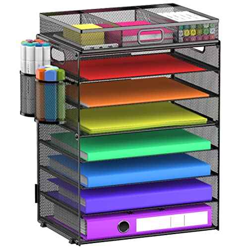 8 Tier Paper Letter Tray Organizer with Drawer & 2 Pen Holders, Mesh Desk File Holder Storage Organization for Home School Classroom & Office