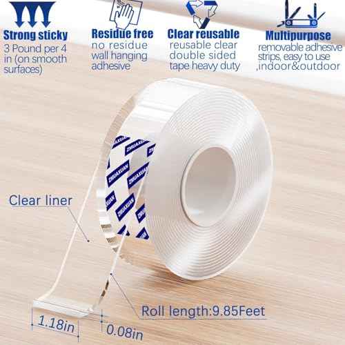 Strong Nano Double Sided Tape Heavy Duty Mounting,Clear Removable Wall Sticky Adhesive Strips,Reusable Thick Gel Grip for Hanging Picture,Poster,Carpet,Photo