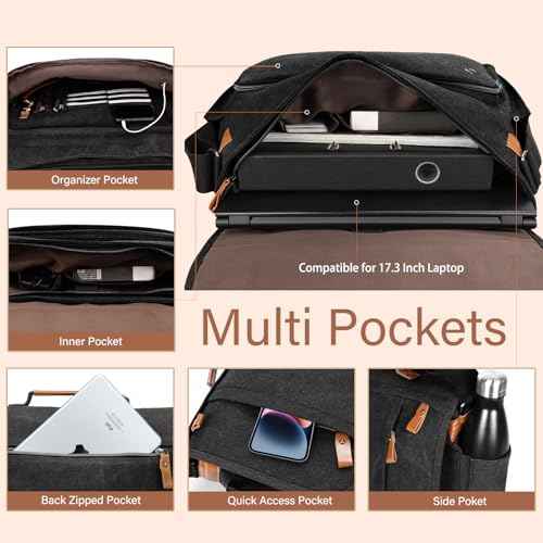 ESTARER Mens Messenger Bag 17-17.3 Inch Laptop Bag Water-resistant Canvas, College/Work/Travel Computer Shoulder Bag with Pencil Case Pouch, Dark Grey