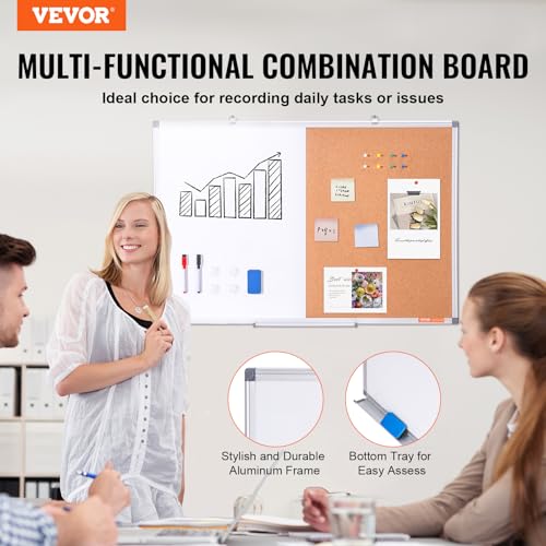 VEVOR 36"x 24" Whiteboard & Cork Board Combo with Aluminum Frame ? 2-in-1 Magnetic Dry Erase Bulletin Board for Wall Mount ? Ideal for School, Home, Office