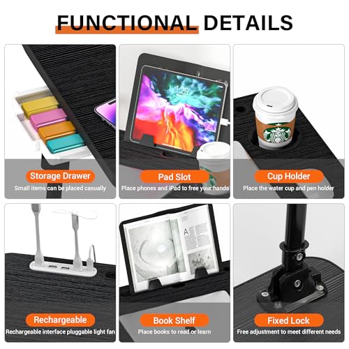 Laptop Desk for Bed Height Adjustable, Lap Bed Table with USB/Storage Drawer/Cup Holder/Tablet Stand/Book Shelf, Foldable Breakfast Tray Portable for Reading Writing, Sofa & Floor, Black