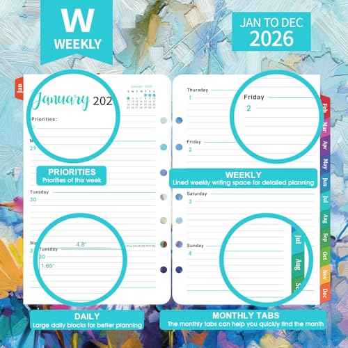 2026 Planner Refills - Planner Inserts with 7-Hole Punched, 5-1/2" x 8-1/2", Runs from Jan 2026 to Dec 2026, Weekly and Monthly Spread, Colorful Monthly Tabs