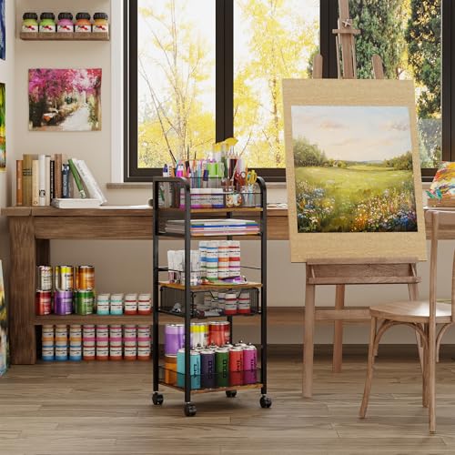 5-Tier Metal Rolling Utility Cart with Drawer, Craft Storage Cart with DIY Divider and Lockable Wheel, Versatile Paint Brush Holder & Paint Organizer & Craft Organizers and Storage for Drawing Room