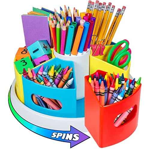 Rotating Art Supply Organizer for Kids, Crayon Caddy for Kids Desk or Pencil and Marker Holder for Teachers, Classroom Arts and Crafts and Homeschool School Supplies Storage