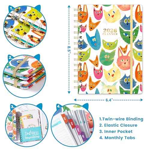2026 Planner - 2026 Planner Weekly and Monthly, Jan.2026 - Dec.2026, 12 Month Planner Weekly & Monthly with Colourful Tabs, 6.4" x 8.5", Hardcover + Back Pocket - Cat