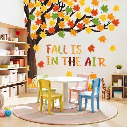 97 Pcs Fall Tree Bulletin Board Decorations Maple Leaves Pumpkin Paper Cutouts Fall is in The Air Bulletin Board Cutouts Classroom Tree Decor with Glue Points for Home Classroom Wall Chalkboard Decor