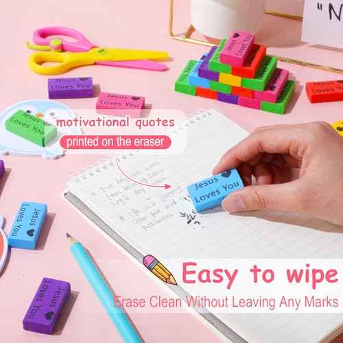180 Pcs Inspirational Erasers for Kids Christian Pencil Erasers Bulk, Back-to-School Gifts Motivational and Cute Supplies for Students Classrooms, Drawing(Multicolor,Jesus Loves You)
