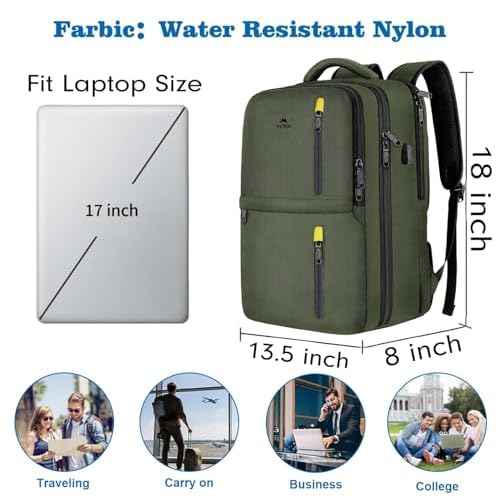 MATEIN Carry on Travel Laptop Backpack, Large Flight Approved Personal Item Travel Backpack with USB Charge Port & Shoe Compartment, Water Resistant Weekender Overnight Bag Fit 17 Inch Laptop, Green