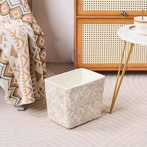 Rustic White Tropical Leaves Carved Small Bathroom Trash Can 2.5 Gallon(9 Liter), Resin Heavy Sturdy Kitchen Garbage Can,Living Room Bedroom Trash Can, Decorative Wastebasket for Home, Garden, Office
