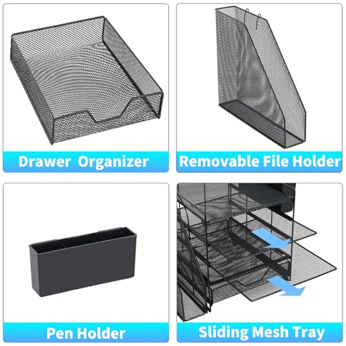 Gugsey Black 5-Tier Desk File Organizer with Drawer & Pen Holder