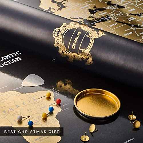 Detailed Scratch off World Map Poster - XL - Black and Gold Scratchable World Map - Glossy, Laminated Travel Poster - Full Accessories Kit - Best Gift Scratch off Map of the World By Divalis