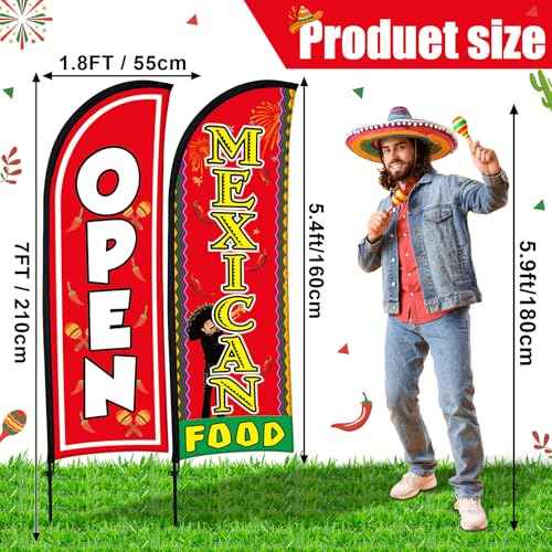 Buryeah 2 Sets Mexican Food and Open Feather Flag 7ft Mexican Food Open Banner Advertising Sign Swooper Flag with Pole Kit Ground Stake Portable Bag for Restaurants, Diners, Markets Business