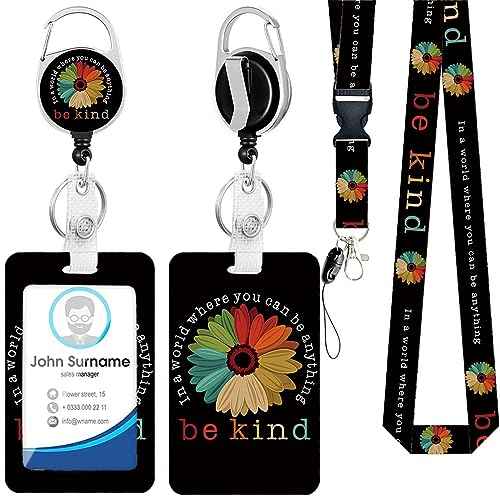 Id Badge Holder with Lanyard, Positive Badge Holder with Reel Retractable Detachable Name Card Tag Vertical ID Protector Badge Reel for Nurse Doctor Office Employees Women (Be Kind)