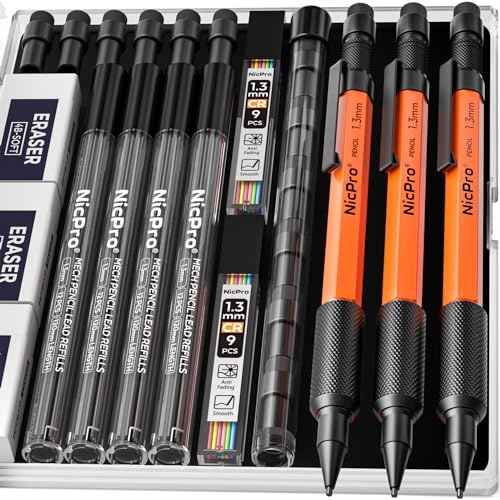 Nicpro 3 PCS 1.3 mm Orange Mechanical Pencils Set with 66 Lead Refill, 3 Eraser - Weatherproof Metal Barrel, Heavy Duty Carpenter Pencil MP2000 for Outdoor Marking Drafting Drawing Woodworking