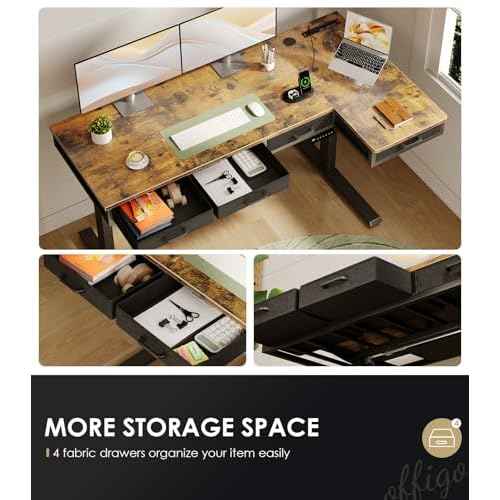 OffiGo 63 Inch L Shaped Electric Standing Desk with Drawers, Height Adjustable Large Desk with Power Outlets, Sit Stand Table, Writing Computer Desk for Home, Office, Workstation, Rustic Brown