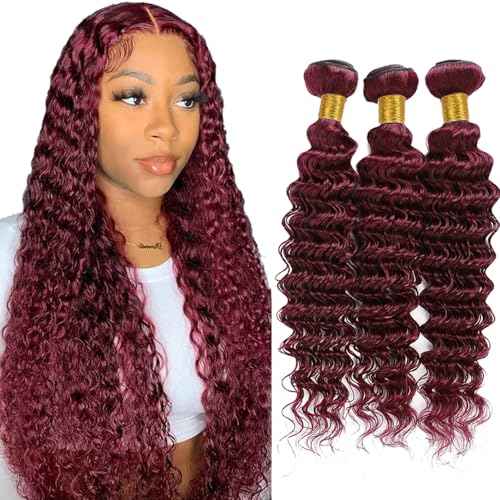 #99J Burgundy Bundles Human Hair Deep Wave Bundles 20 20 20 Inch Wine Red Deep Wave Bundle Unprocessed Brazilian Virgin Weave Hair 3 Bundle 50 Gram Per Bundle