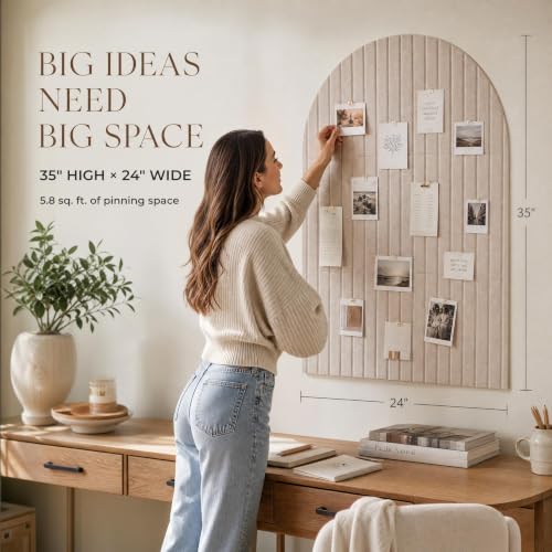 Beige Large Arched Felt Bulletin Board with 6 Customizable Adhesive Tiles & Pins