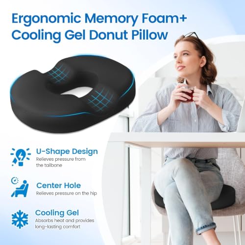 CushZone Black Large Donut Pillow Seat Cushion with Cooling Gel, Memory Foam, Non-Slip