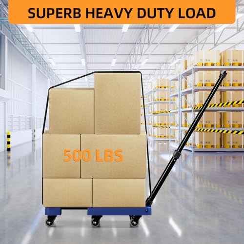 Folding Hand Trucks, Heavy Duty Dolly Cart with 6 Wheels & 2 Elastic Ropes, Foldable & Ideal for Luggage, Travel, Moving, Shopping, Office Use, Hold Up to 500 LB, Easy to Store, Navy Blue