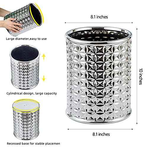 Silver Trash Can, Round Wastebasket, Garbage Receptacle Small Bin for Bathroom, Powder Rooms, Kitchens, Home Offices - Ceramics