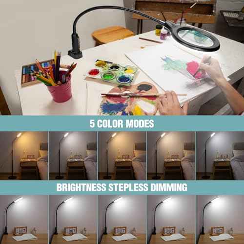 10X Magnifying Glass with Light and Stand, Flexible Gooseneck Magnifying Floor Lamp with Light, 3-in-1 LED 5 Color Modes, Stepless Dimmable Lighted Magnifier Hands Free for Close Work, Craft, Reading
