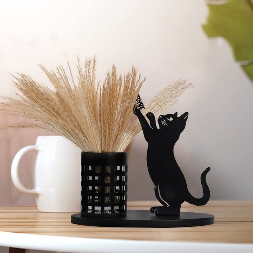 kobjoy Cat Pencil Holder for Desk, Organizer Pen Holder for Bedroom/Office, Metal Cut Home Decor for Table Centerpiece, Black Gifts for Cat Lover, Pampas Grass Vase(Cat)