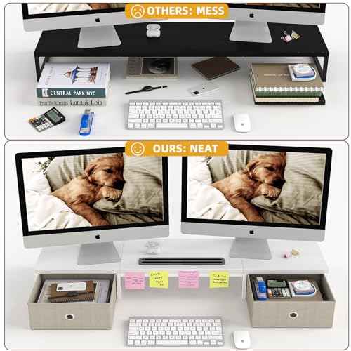 Dual Monitor Stand Riser with 2 Drawers - 39Inch Large Storage Computer Monitor Stands for 2 Monitors, Wooden Desktop Organizer Perfect for Home Office Desk, Computer, Laptop, TV, White