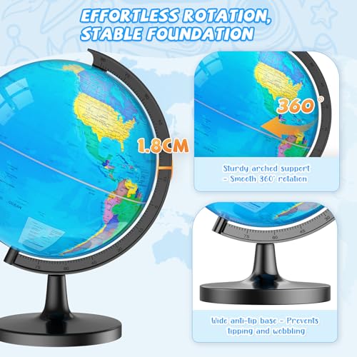 13" Globe for Children & Adults, Interactive World Globe for Kids with HD Waterproof & Writable Surface, Educational STEM Learning Toy, Classroom Teaching Gift