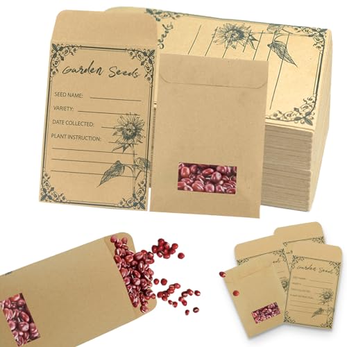 Seed Saving Envelopes 100 Pack with Clear Window, 4.72 x 3.15 Inch Kraft Storage Bags