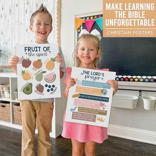 Hadley Designs Sunday School Decorations for Classroom ? 9 Bible Posters for Kids, 11x14in Books of the Bible Poster, 10 Commandments, Fruits of the Spirit & More ? Boho Christian Classroom Decor