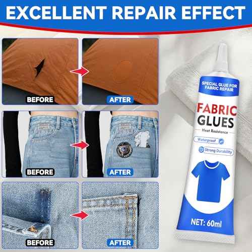 Fabric Glue, 60 ML Fabric Glue for Clothing Permanent Washable, Fabric Adhesive for Rhinestones, Patches, Clothes, Denim, Leather, Polyester, Fabrics, Doll Repair, Flannel, Cotton