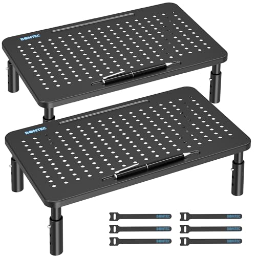 BONTEC 2 Pack Adjustable Monitor Stands with Drawer, Supports 44lbs - Black