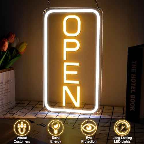 Open Signs for Business, 16''¡¿9'' Bright High Visibility Open Sign LED Powered by USB with ON/OFF Switch, Adjustable Brightness COB Open Signs for Bar Shop Coffee Salon Hotel Wall Window Storefront (Vertical)