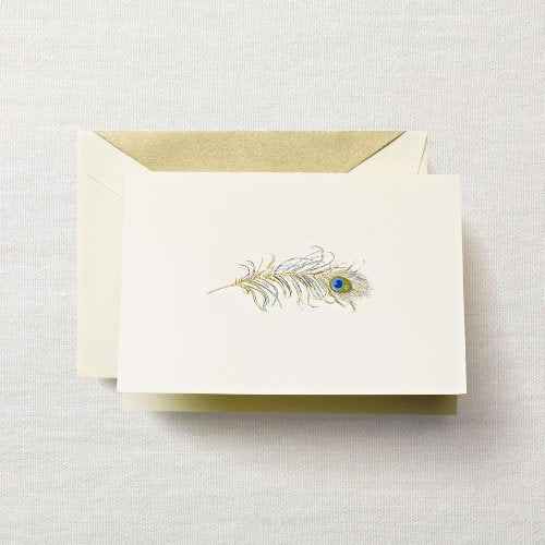 CRANE & CO. 10 Peacock Feather Hand Engraved Notes on Ecruwhite Kid Finish Paper, 10 Lined Envelopes 3 13/16" x 5 5/16"