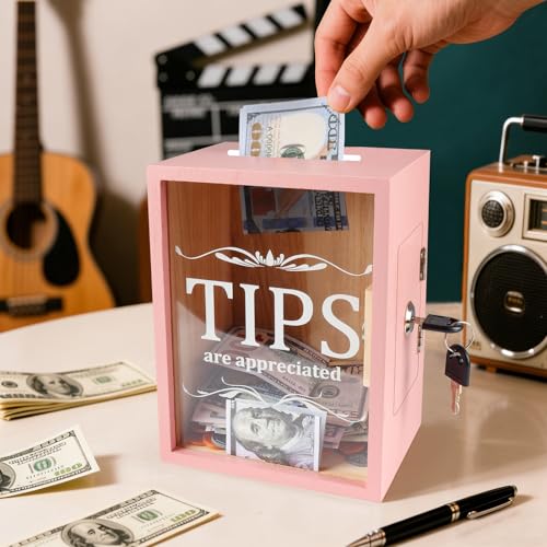 Yamahiko Wooden Tip Collection Box with Lock - Coin & Donation Jar, Pink