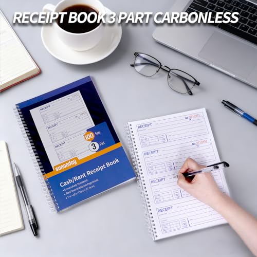 Sunanday 6 Pack Spiral 3-Part Carbonless Receipt Books, 100 Sets/Book