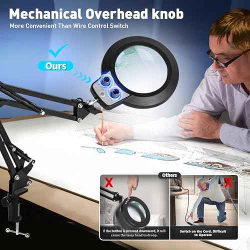 KIRKAS 12X Magnifying Glass with Light, Long Swing Arm, Any Color Modes & Stepless Dimming LED Magnifying Lamp with Clamp, Memory Function Lighted Magnifier for Crafts, Reading, Hobby, Close Work