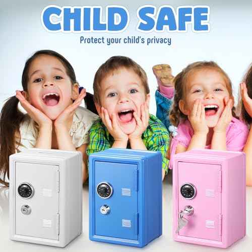 Zonon 3 Pcs Mini Safe Piggy Bank for Kids, Metal Locker Toy Safe Box for Boys Girls Money Cash Coin, Steel Money Saving Box with Lock 2 Keys Coin Tray 7. 1"x 4. 7"x 3. 9"(Blue, Pink, Ivory White)